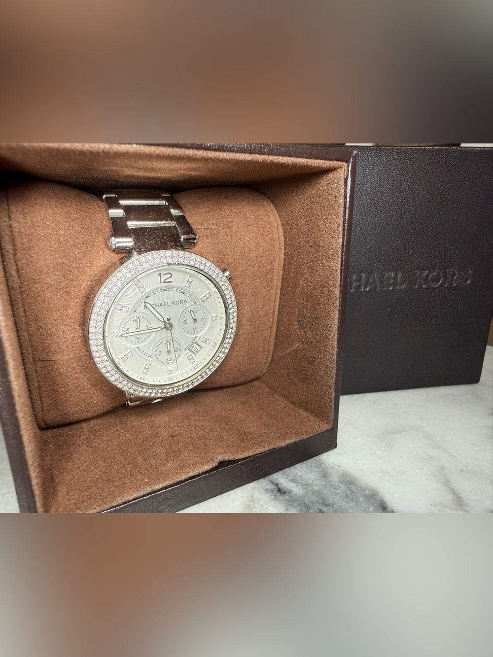 Michael Kors Silver Tone Crystal Bezel Chronograph Watch w/ Box & Cushion